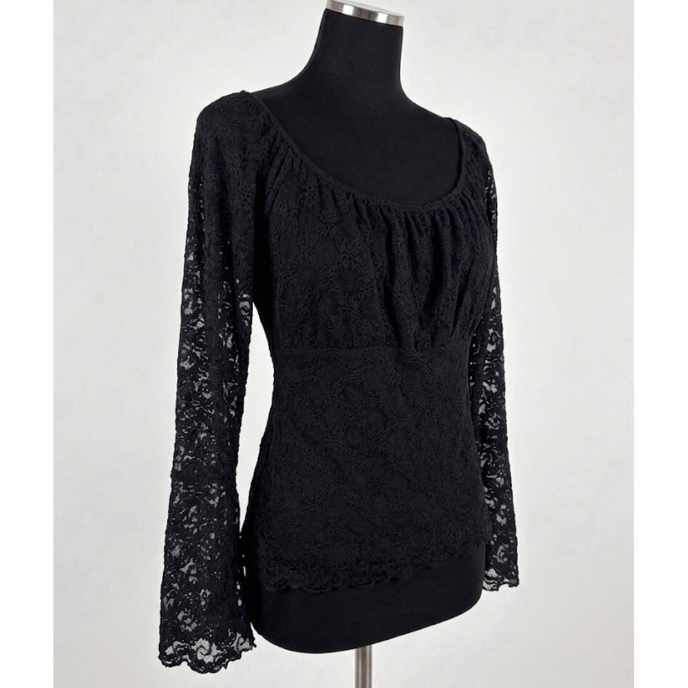 ⁠VTG Y2K j.t.b. Black Stretch Floral Sheer Lace Top Sz L Bell Sleeve Whimsigoth